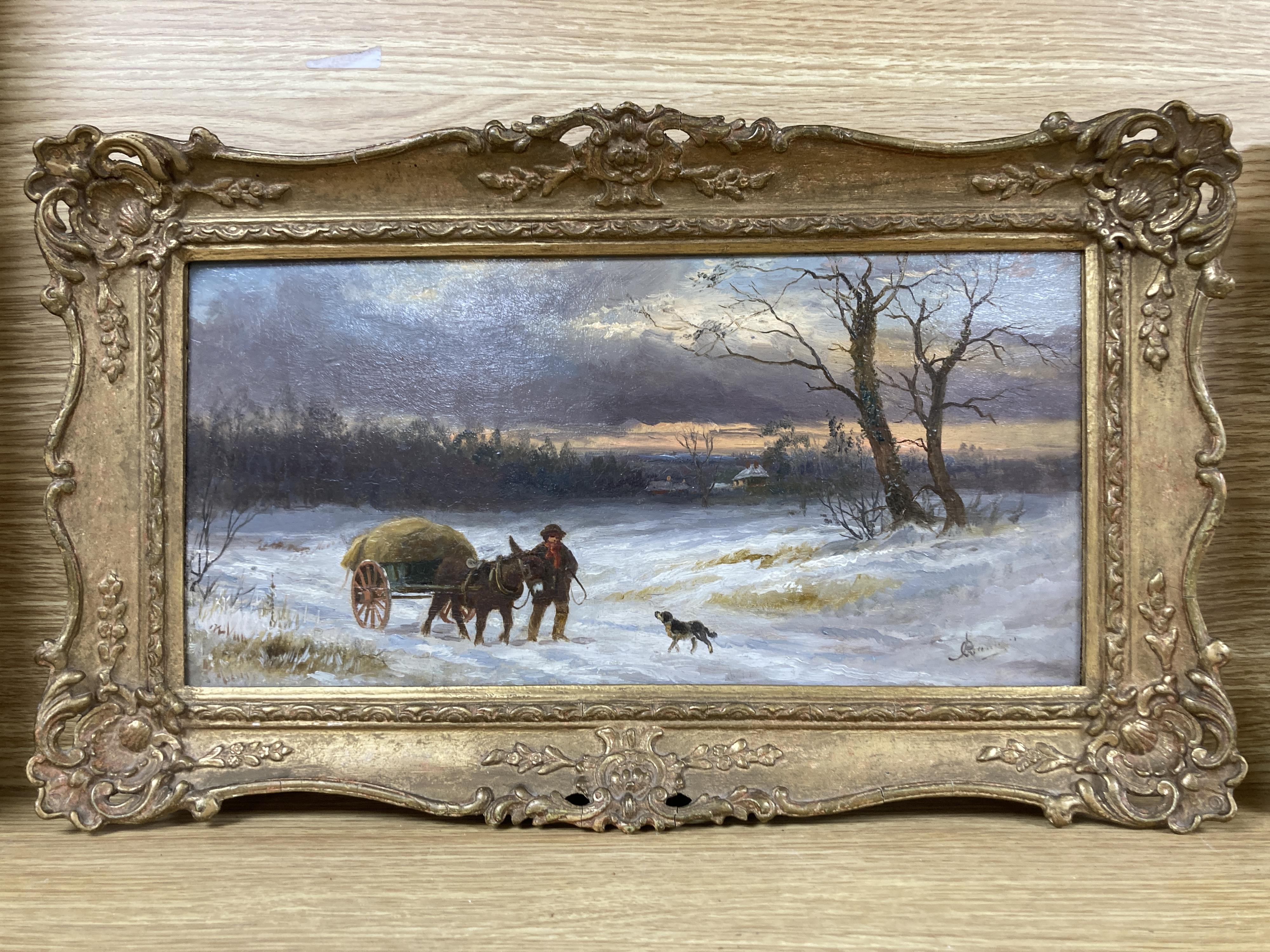 Alfred Banner (fl.1880-1915), oil on board, Carter in a winter landscape, monogrammed, 17 x 34cm